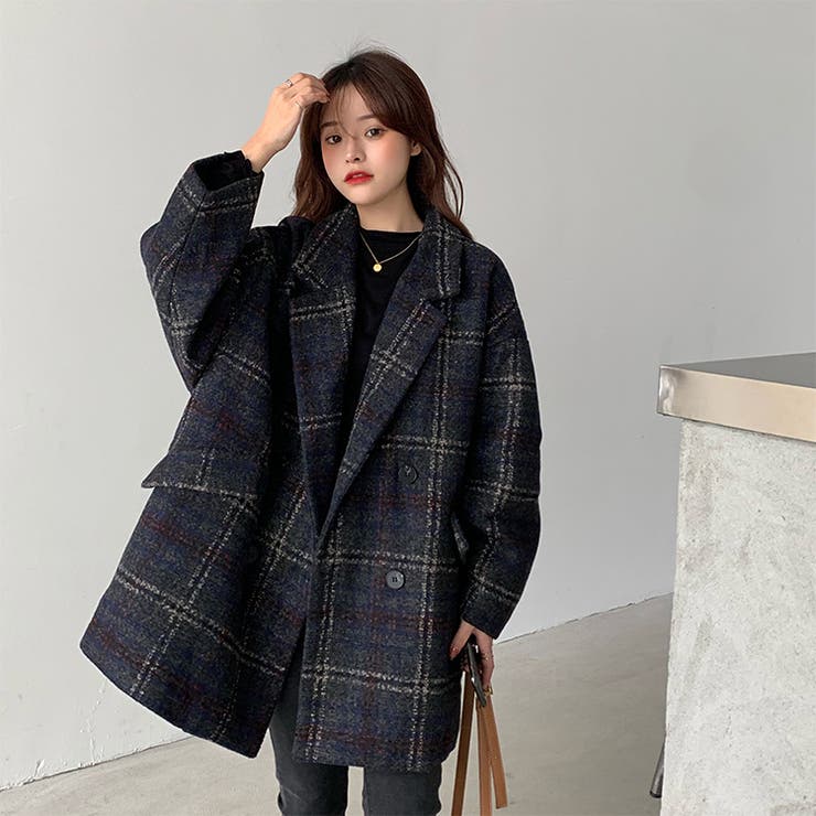 ウールチェックハーフコート【韓国ファッション】[品番：DOUW0006848