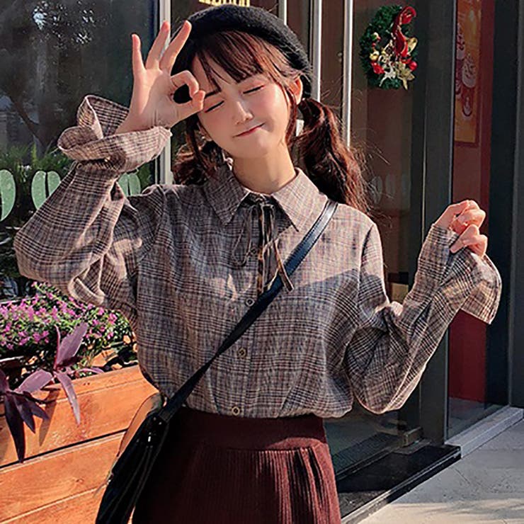 リボン付グレンチェック柄長袖シャツ 2020秋冬新作 韓国ファッション