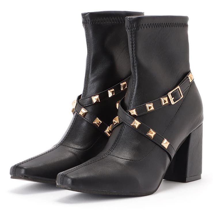 スタッズクロスベルトチャンキーショートブーツ[品番：LCLW0004886