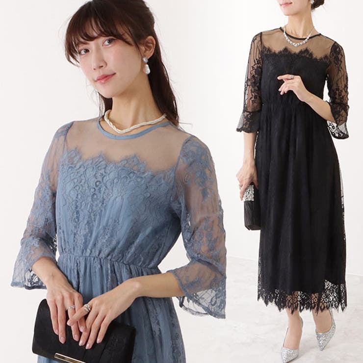 七分袖レースワンピースドレス ブラック ブルーグレー[品番