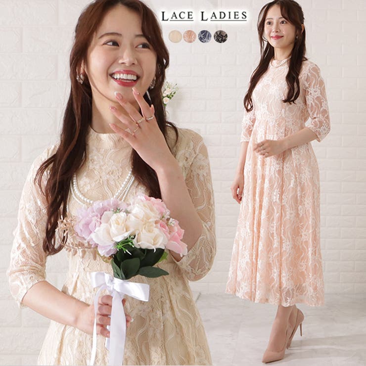 総レース5分袖タックワンピース 女性 レディース[品番：LCLW0003655