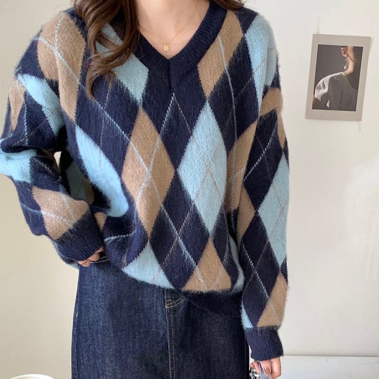 Vネックアーガイルモヘアニットセーター【韓国ファッション】[品番