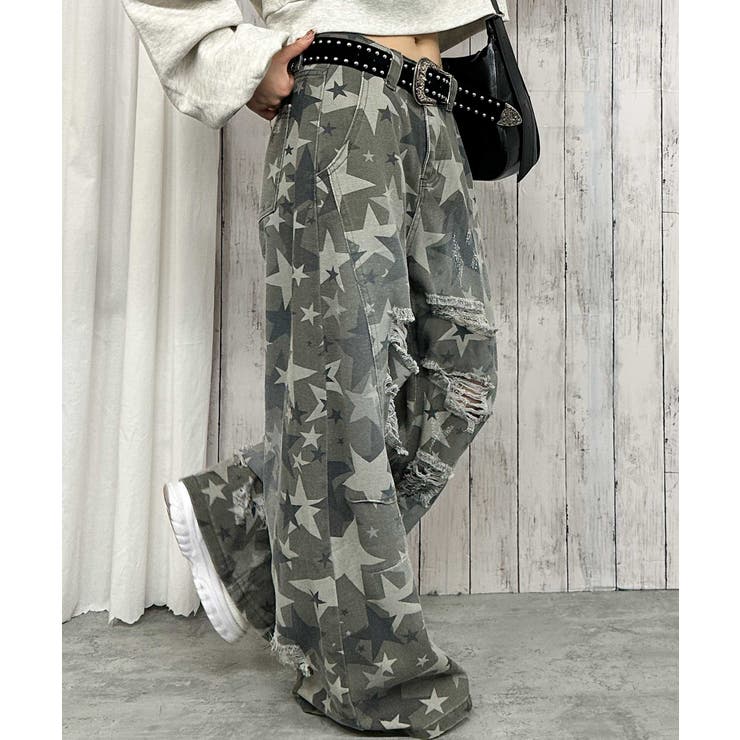 スター迷彩×クラッシュ加工》レディース ワイドデニムパンツ ダメージ