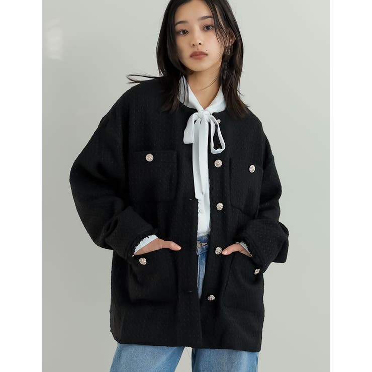 累計販売枚数6,500枚突破！]ツイードフリンジノーカラージャケット