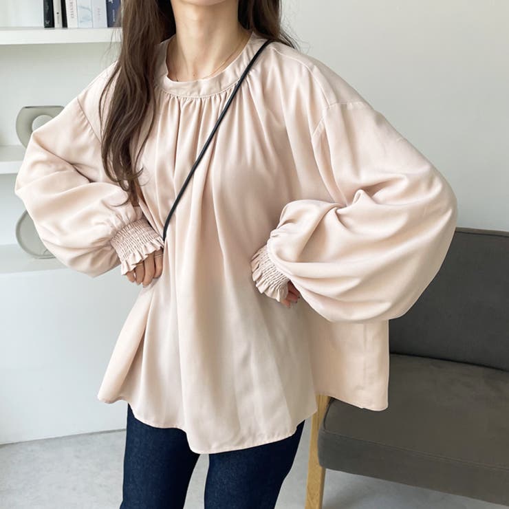 ハイネックギャザーバルーンスリーブブラウス[品番：GERW0000039