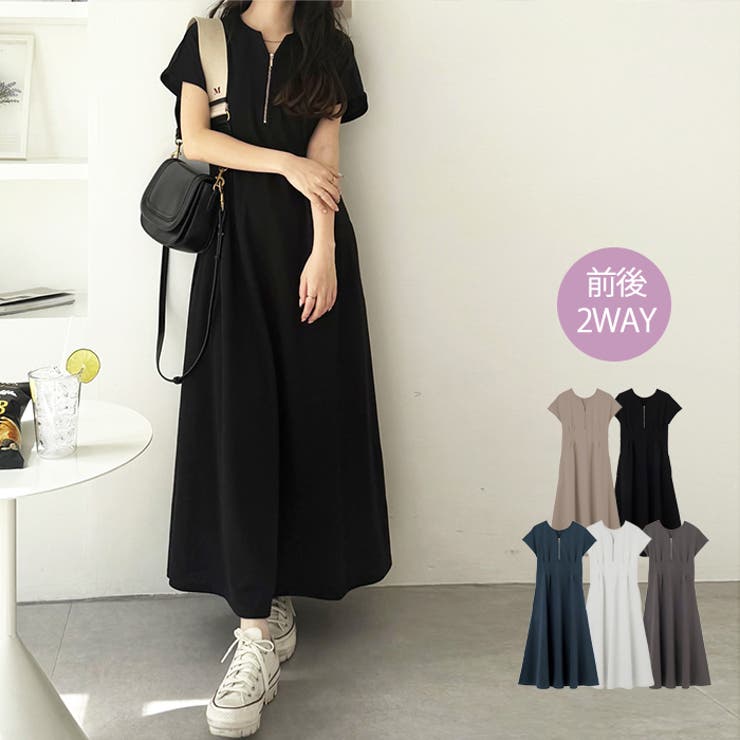 前後2WAYハーフジップフレンチ袖ワンピ[品番：GERW0010655]｜GeeRA