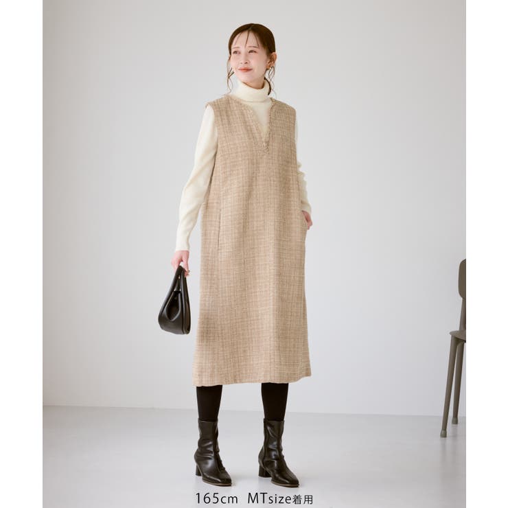 キーネックツイードジャンパースカート ワンピース/着丈が選べる[品番