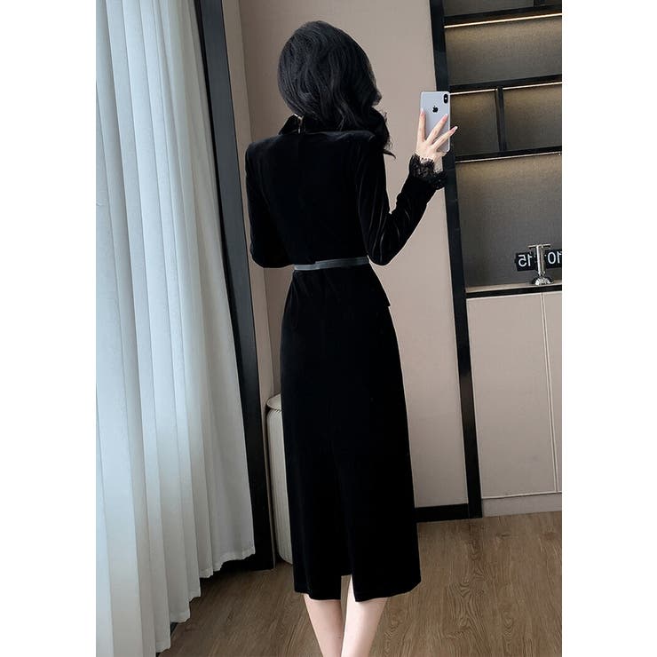 ベロアワンピース ベルト付き レース切替[品番：JSFW0014378]｜JS