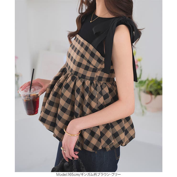 チェック柄バルーンリボンビスチェトップス［C7550］[品番