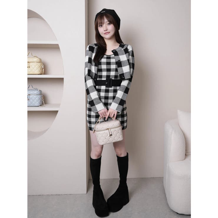 レトロチェックアンサンブルニットワンピース[品番：LINW0002661