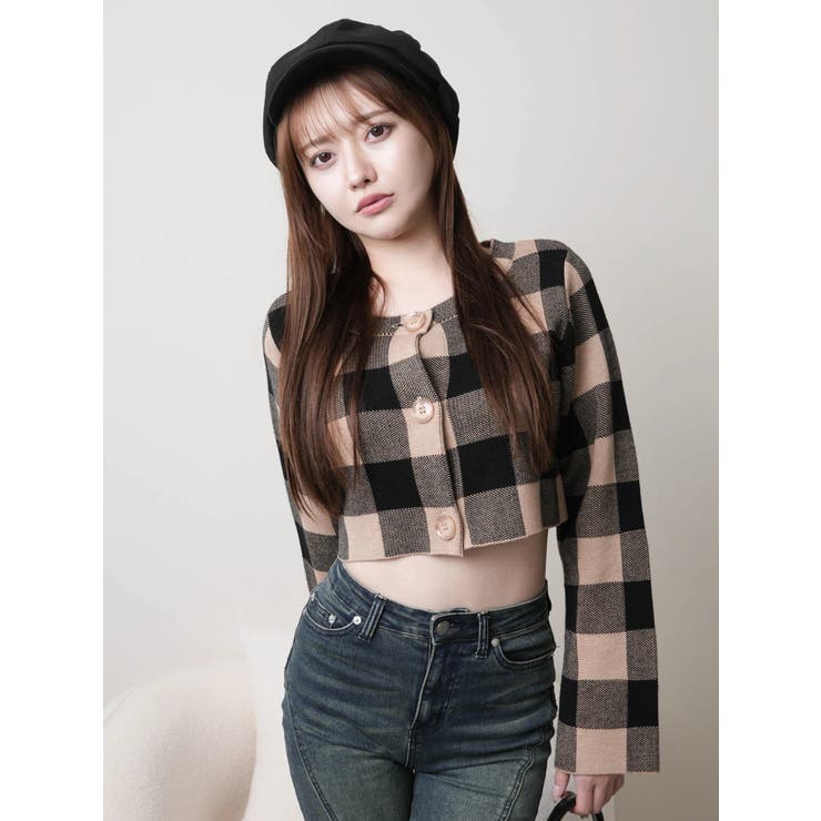 レトロチェックアンサンブルニットワンピース[品番：LINW0002661