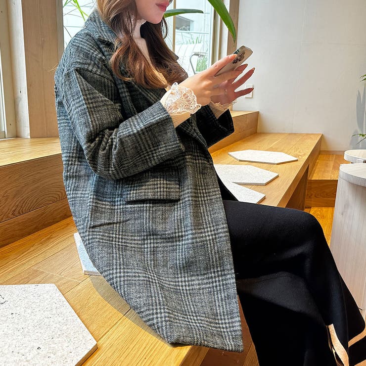 グレンチェック柄オーバーサイズジャケットコート[品番：PVBW0003209