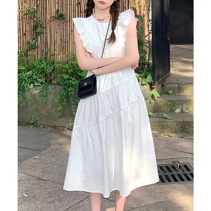 フリルノースリーブワンピース ロングワンピース フレアワンピース