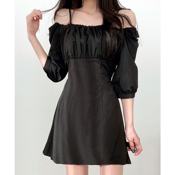 evelyn リボンオフショルミニワンピース ブラック リボンオフショル