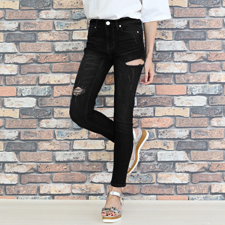 サイドスリットスキニーパンツ クラッシュ ダメージ[品番：NETW0000006