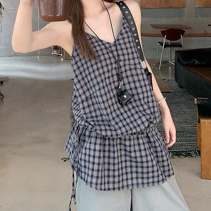 チェック柄サイドドロストリボンキャミチュニック[品番：SHNW0012524