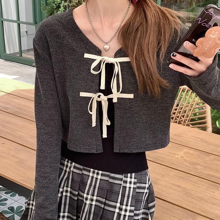 配色フロントリボンカーディガン[品番：SHNW0010677]｜LADY LIKE