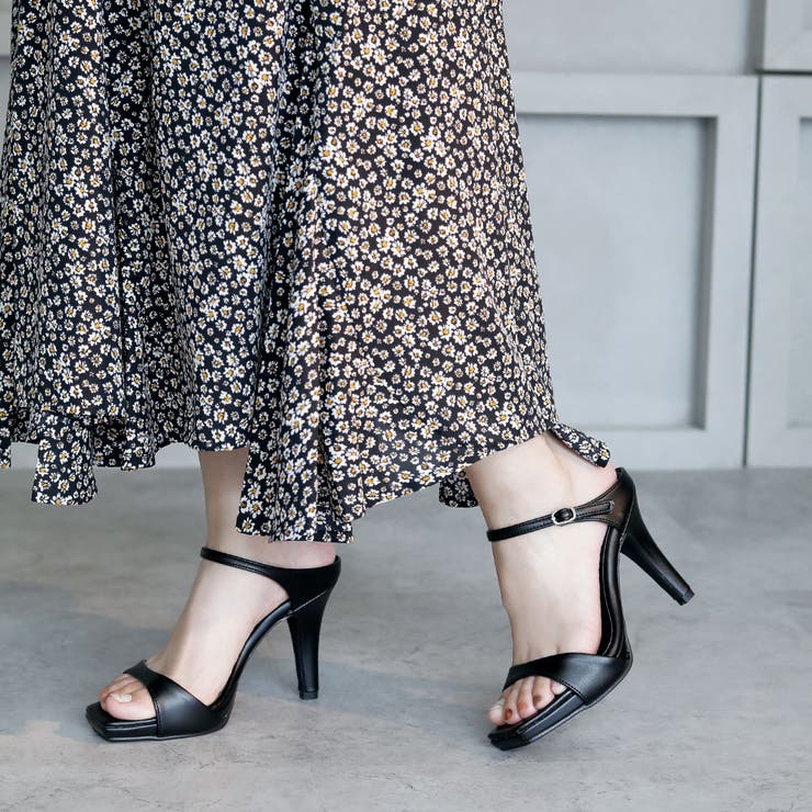 日本製 スクエアトゥ ストラップ ミュール サンダル ハイヒール[品番