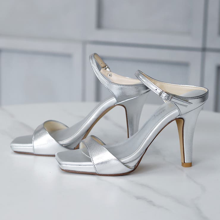 日本製 スクエアトゥ ストラップ ミュール サンダル ハイヒール[品番