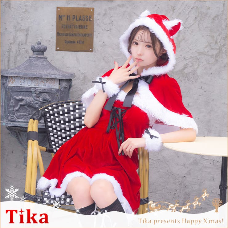 ねこ耳フードケープ付きAラインサンタコスチューム サンタコスプレ