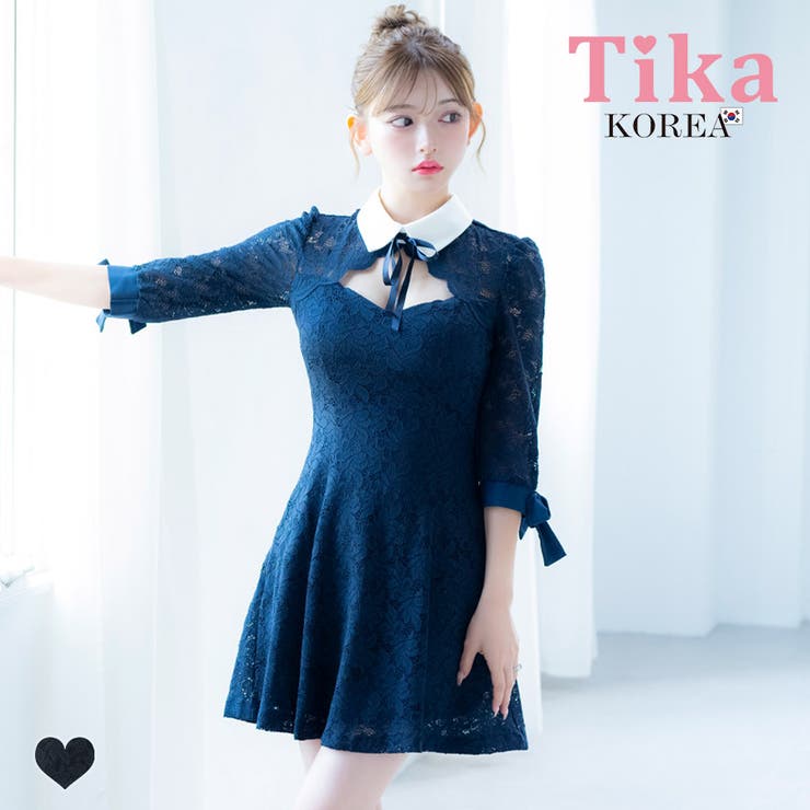 襟つきデコルテカット総レースAラインミニドレス 韓国ドレス ガーリー