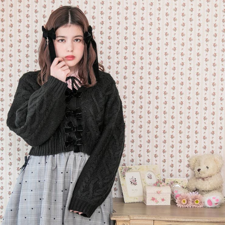 カーディガン ベロアリボン パフ袖[品番：YU000043484]｜夢展望