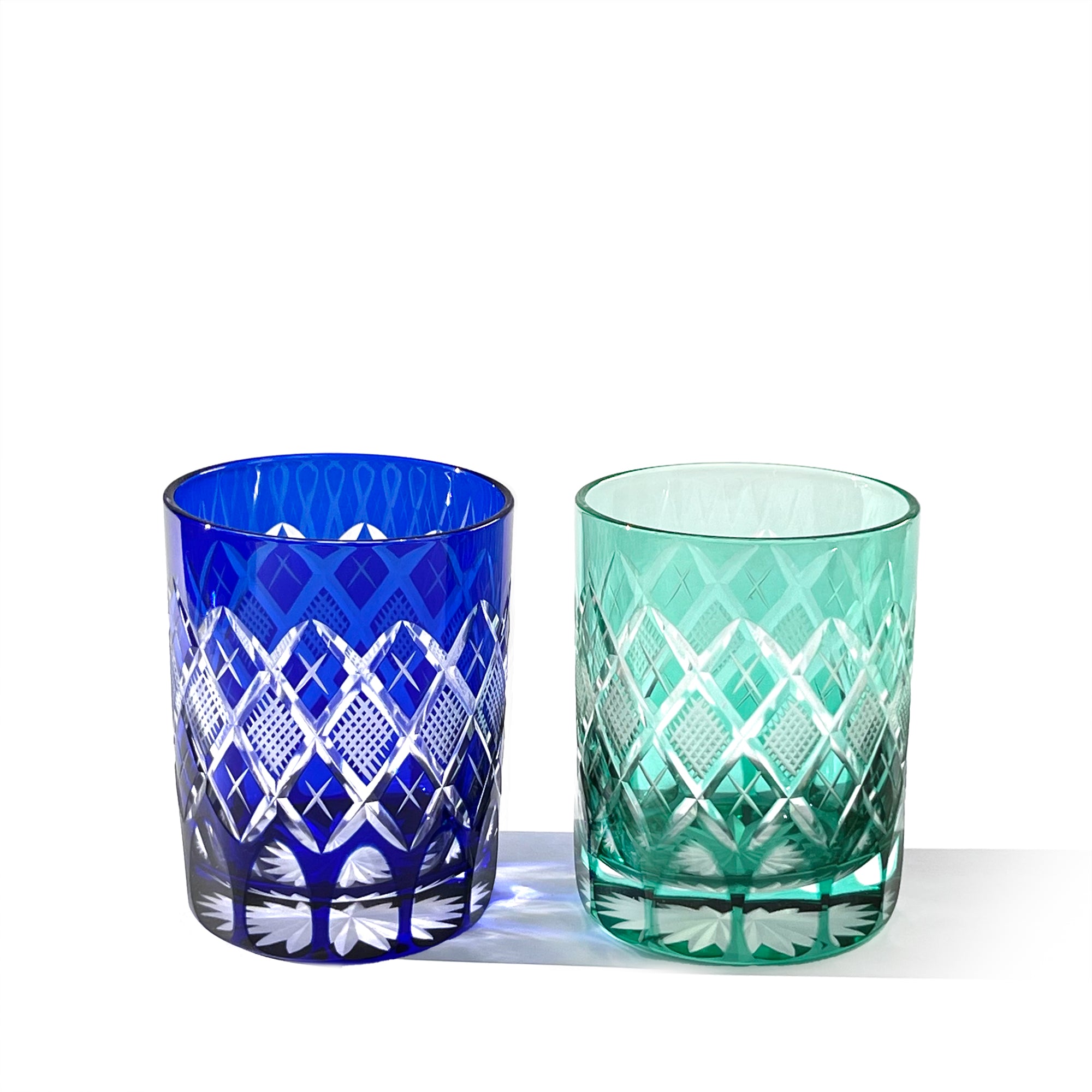 江戸切子 矢来魚子紋 オールドグラスペア 江戸紫・緑 ｜江戸切子グラス