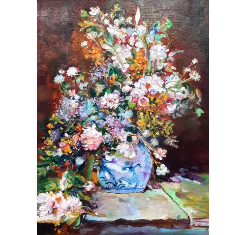 送料無料】ロシア 花瓶の花の絵画 オリジナルアート 油絵 キャンバスに