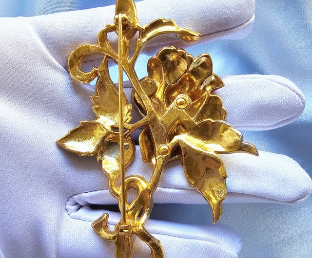 台湾 coro 大ぶりレッドエナメル グリーンリーフ ローズ ブローチ/ピン