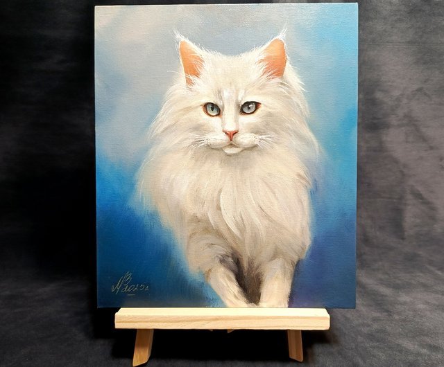 25%OFF】ロシア 白猫の肖像画。30x25 cm。油絵。猫の絵