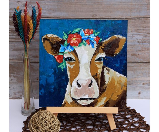 送料無料】ロシア 牛の絵画 農場の動物 オリジナルアート 小さな油絵