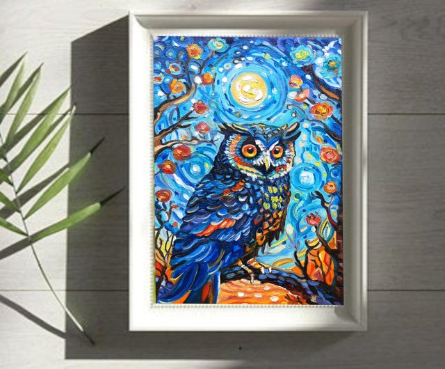 送料無料】ロシア フクロウアート鳥カラフル オリジナルアート 油絵