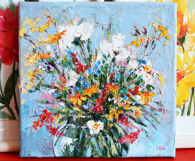 ベラルーシ 草原の花 オリジナル油絵 キャンバス厚塗り 20x20cm モダン