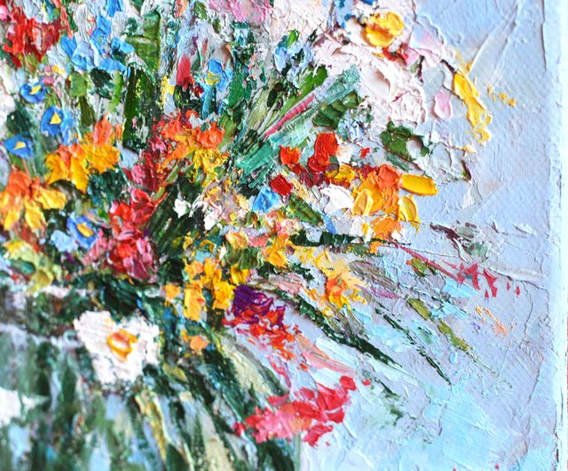 ベラルーシ 草原の花 オリジナル油絵 キャンバス厚塗り 20x20cm モダン