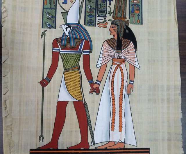 台湾 エジプトのパピルス絵画 - ホルスとネフェルタリ (約 48x37 cm