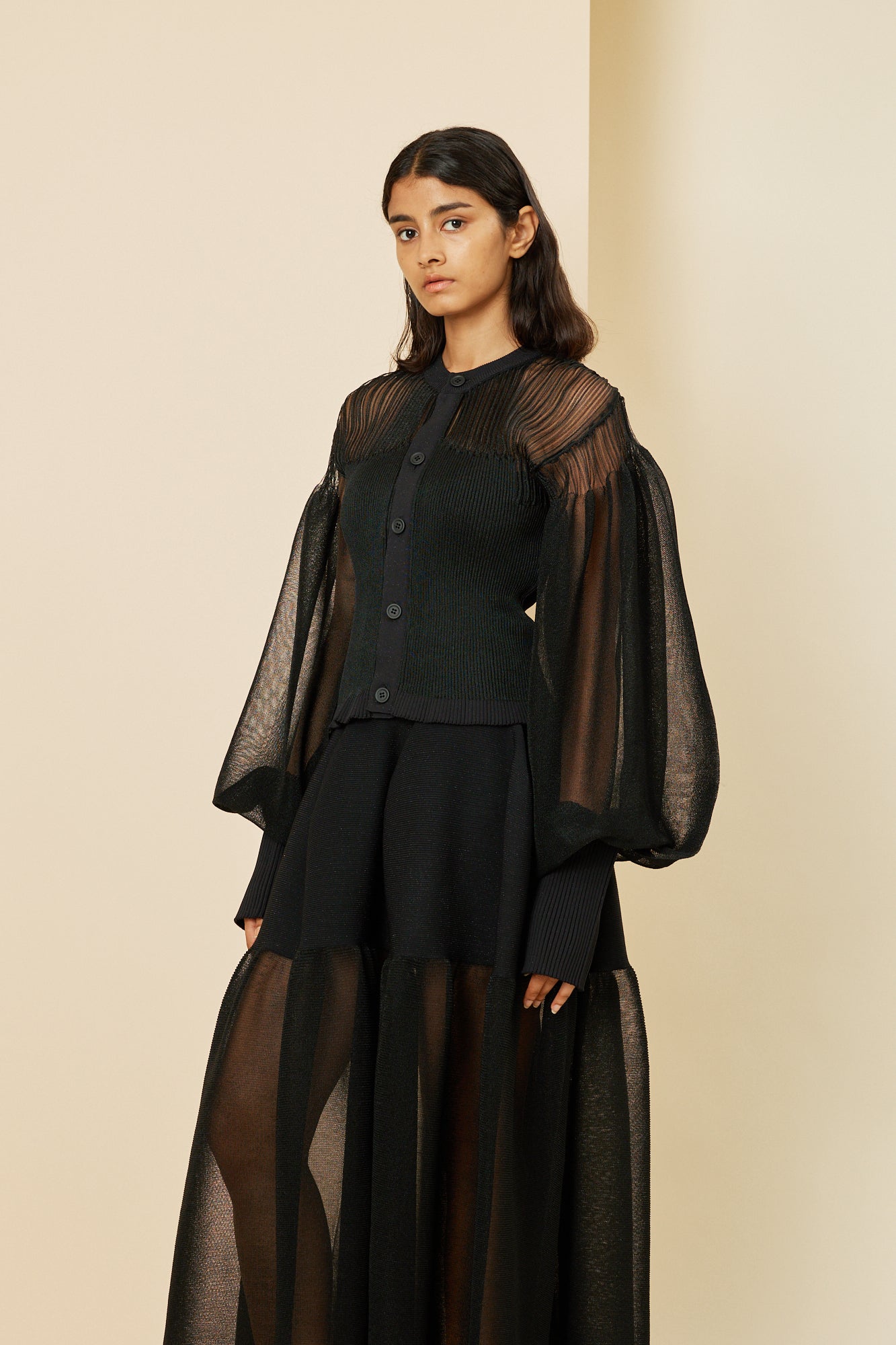 FLUTED LUCENT GLITTER PUFF SLEEVE CROPPED CARDIGAN