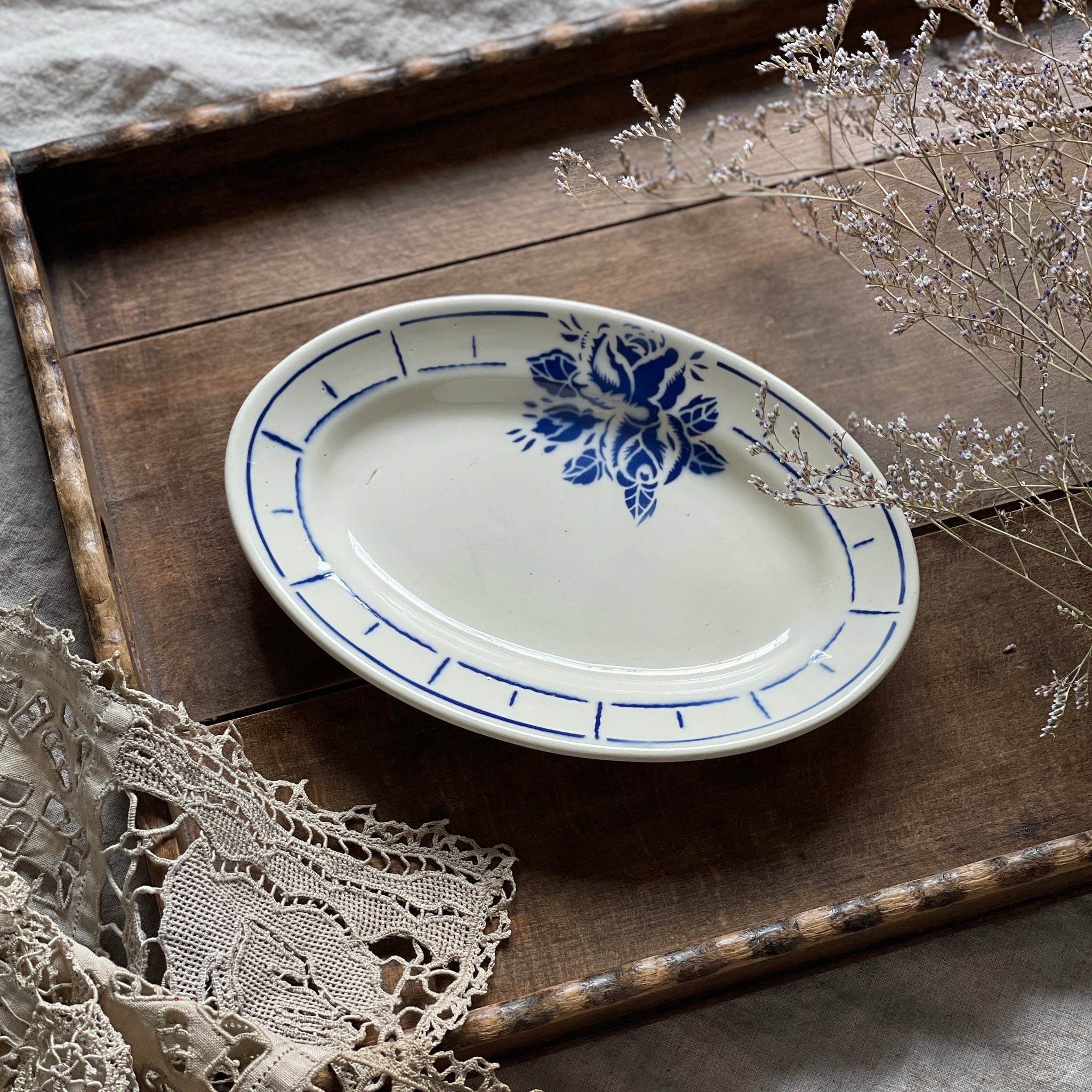 バドンヴィレー窯バラのステンシルラヴィエ皿（22x15cm） フランス