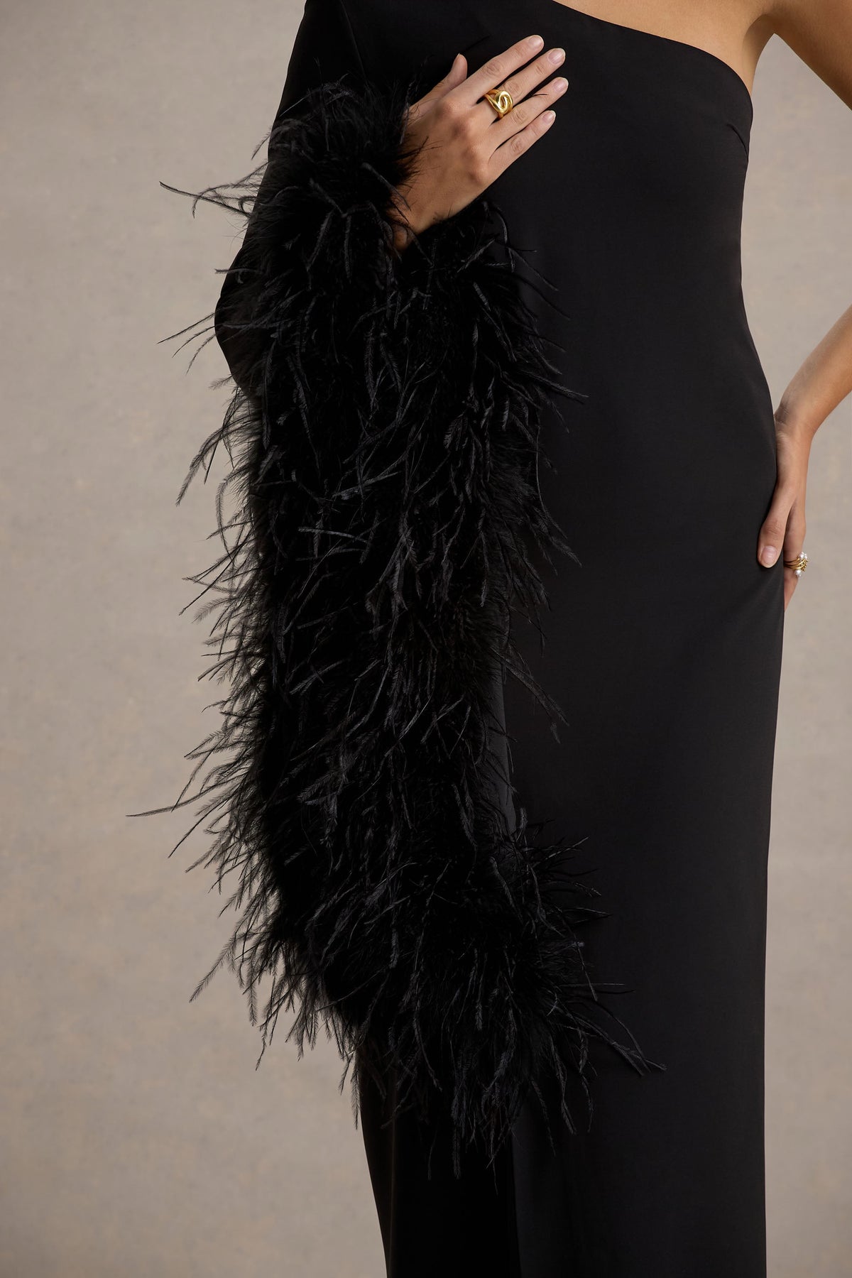 Armina Black One-Shoulder Feather-Trim Maxi Dress – Club L London