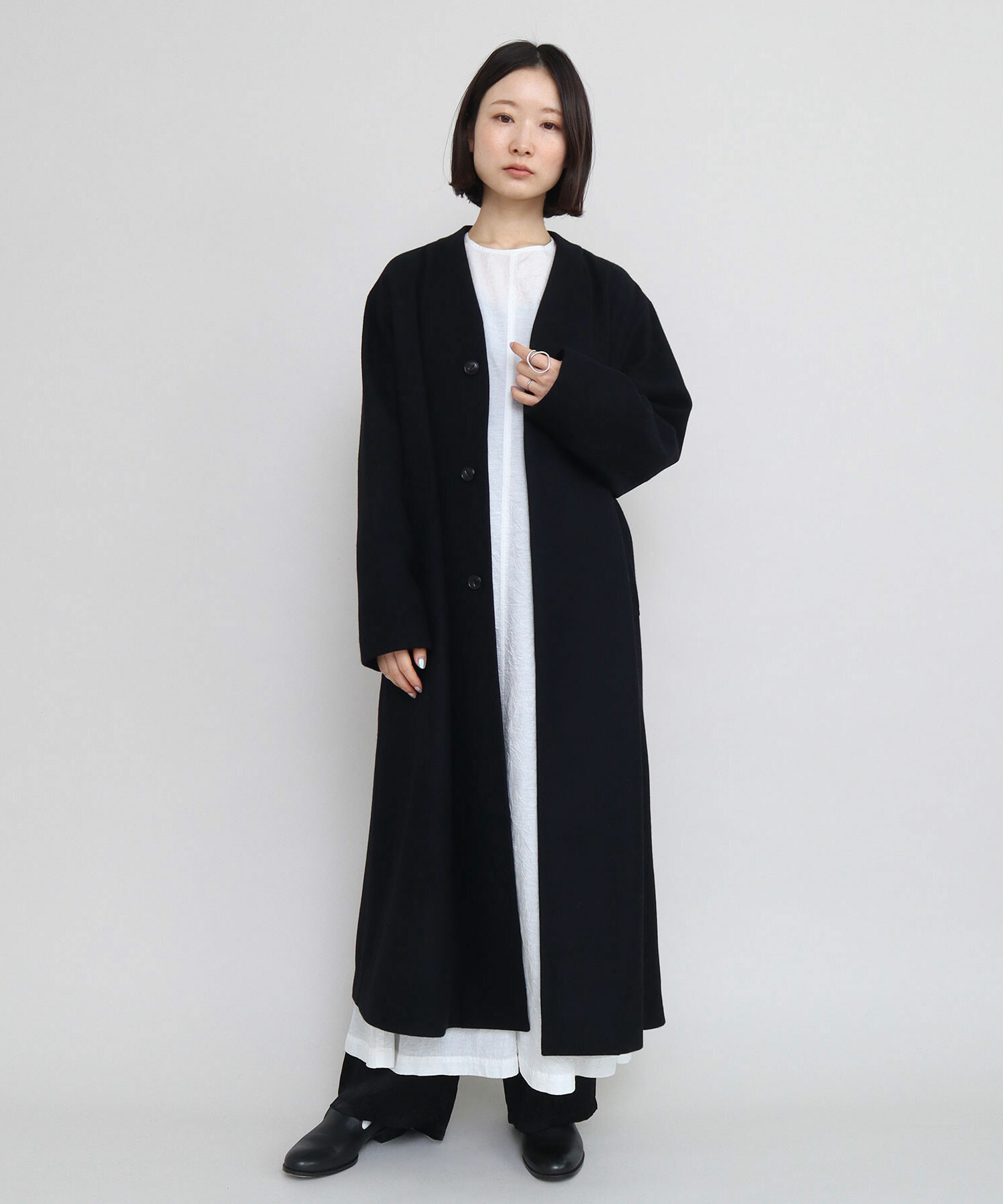 AMBIDEX Store 〇ウールメルトン Vネックロングコート(F へリンボン): iki