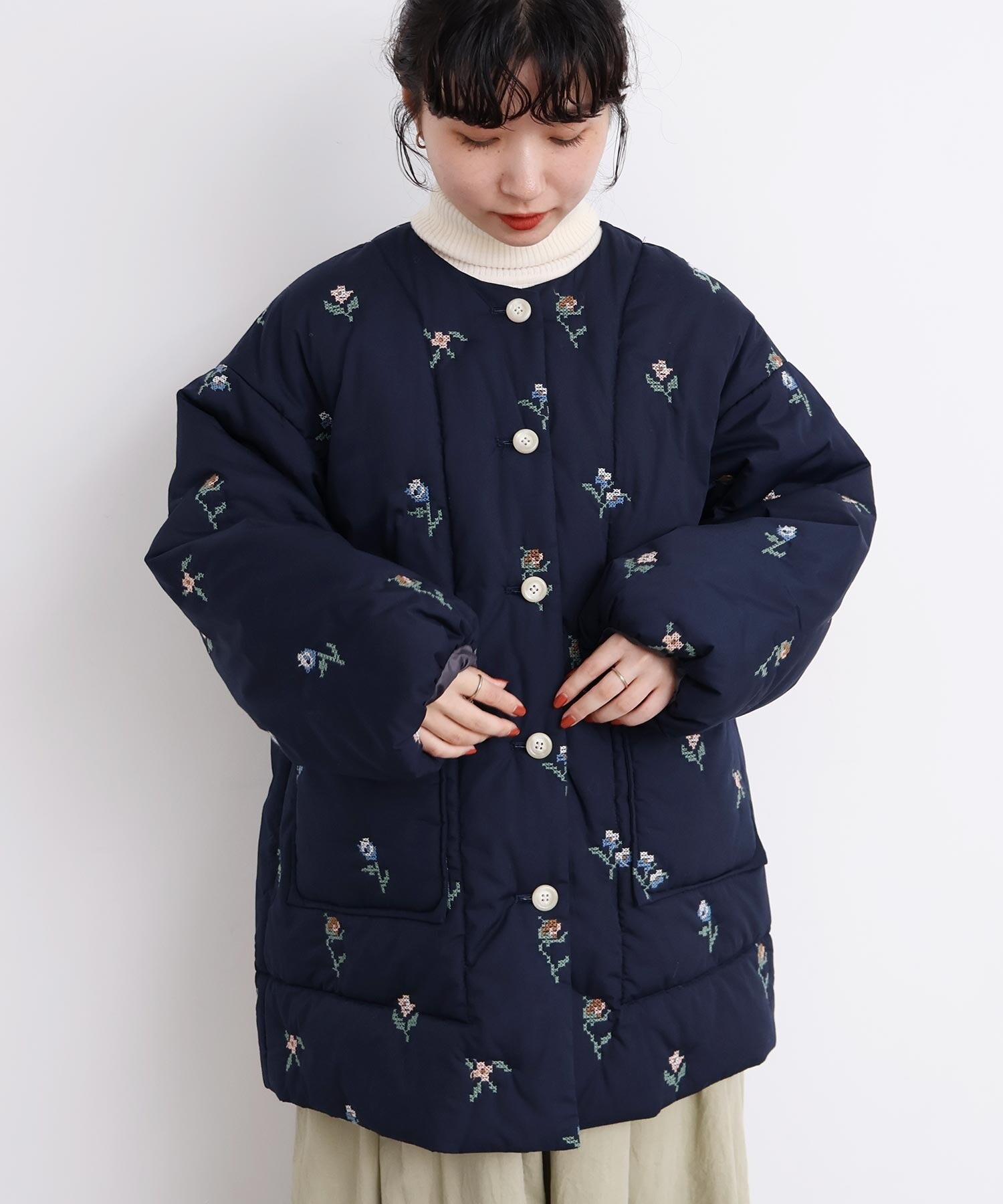 AMBIDEX Store 〇お花のクロスステッチ キルト刺繍コート(F キナリ): l