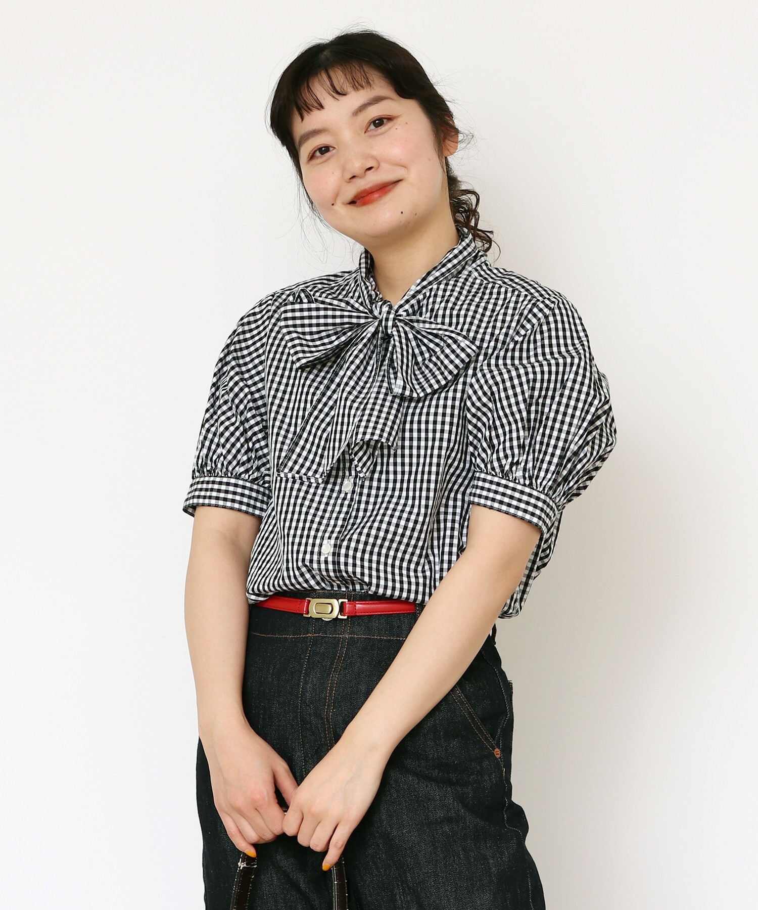 AMBIDEX Store タイプライター無地/ギンガム 5分袖ボウタイブラウス(F