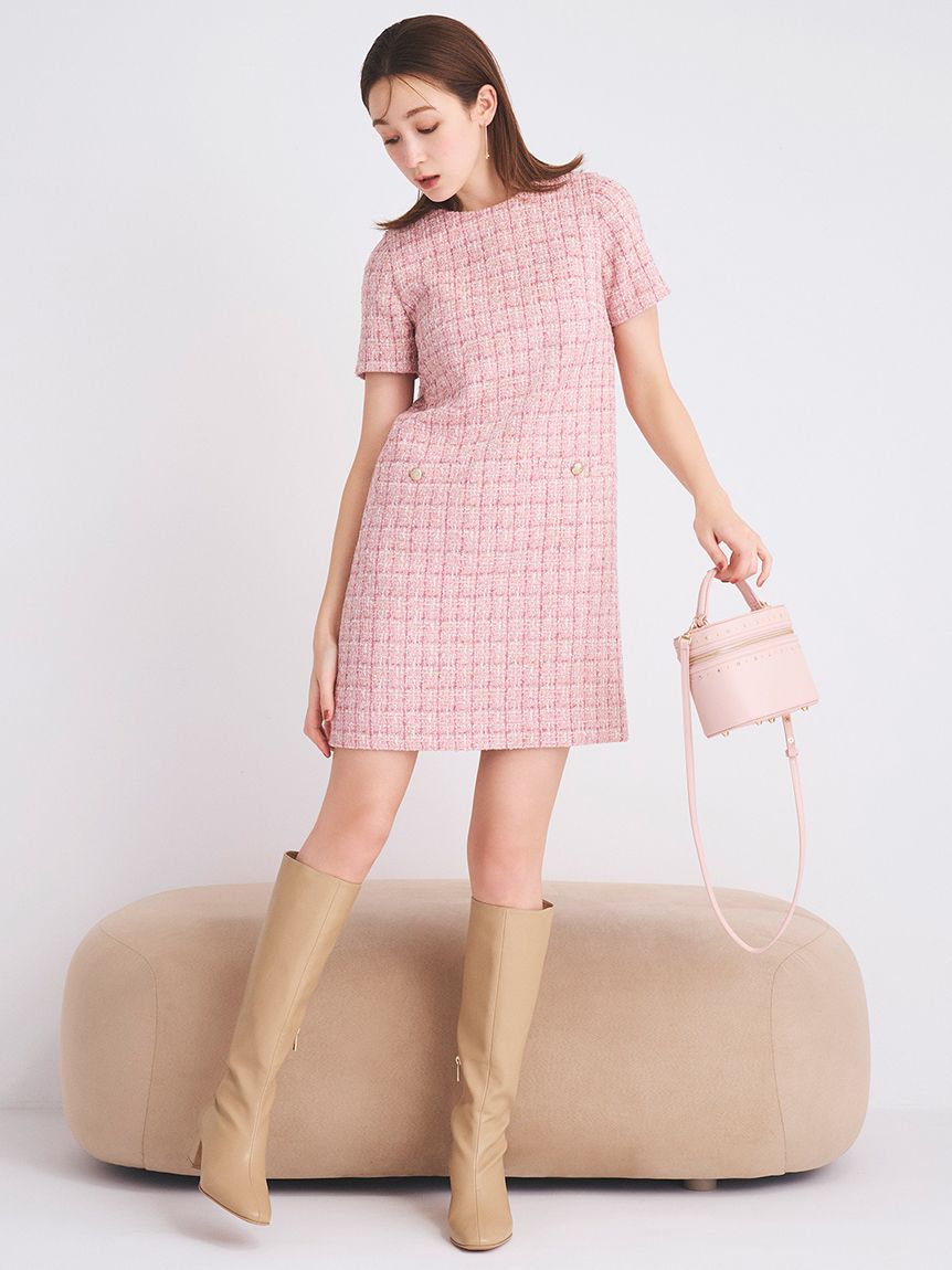 ハーフスリーブツイードミニワンピース(デイリーワンピース)｜DRESS