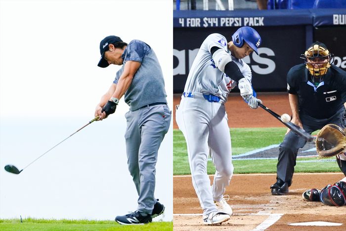 写真] ボールを強く押し込む大谷翔平と石川遼の共通点「グローブのロゴ