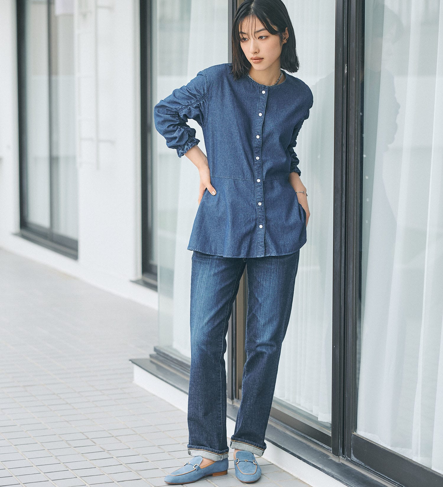 FINAL SALE】SOMETHINGシャーリングスリーブデニムブラウス|SOMETHING