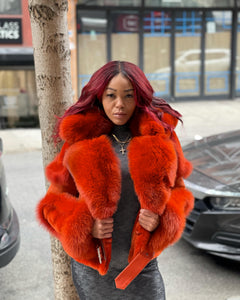 WOMEN SHEARLING- ORANGE BIKER STYLE WITH ORANGE FOX HOOD – DaRucci