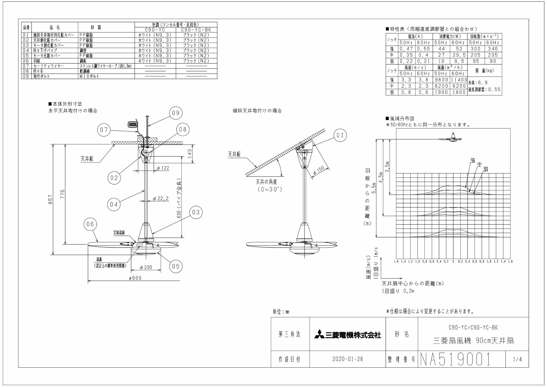 C90-YC-BK 三菱電機 業務用・工業用換気扇 天井扇羽根径90cm ブラック