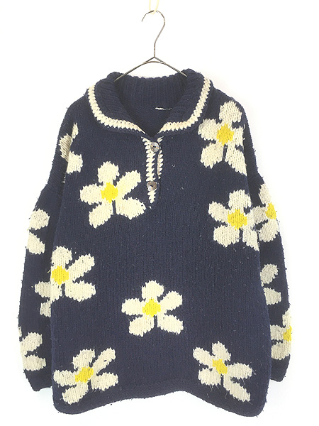 古着 フラワー モチーフ 襟付き ヘビー ウール エクアドル ニット