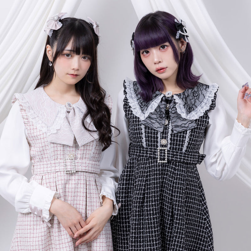 リボン襟風レースビジューツイードワンピース – レディース