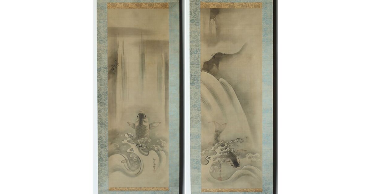 倣 狩野融川 狩野探信守道 合作【瀧鯉図】双幅掛軸 Z381｜骨董店