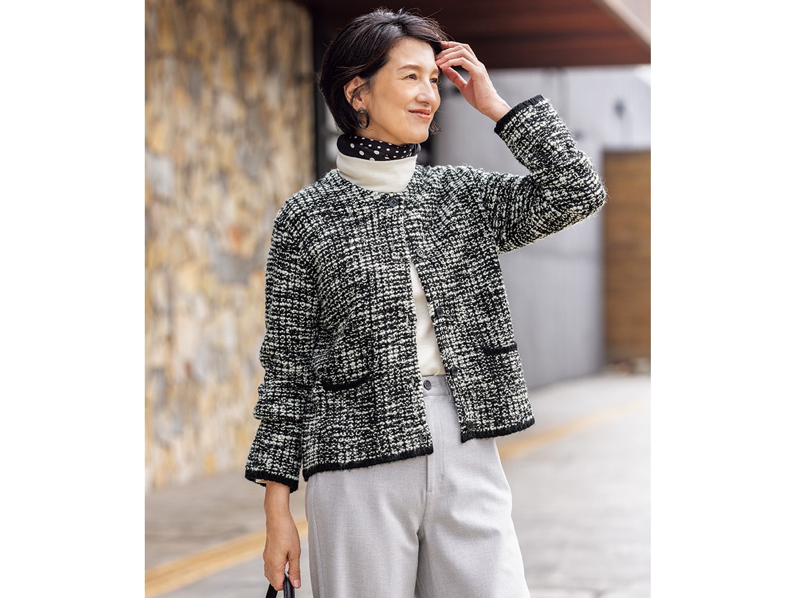 ミックスツイード風ニットジャケット(02_M 93_レッド×ブラウン